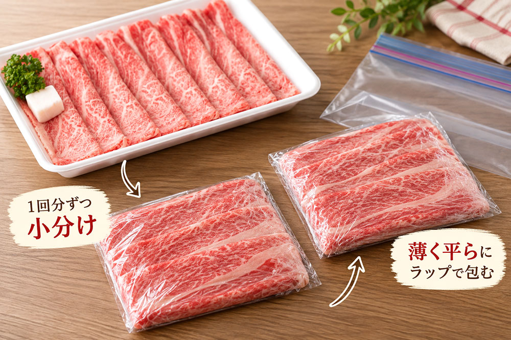 すき焼き・しゃぶしゃぶ用の薄切り肉は重なりを減らして保存