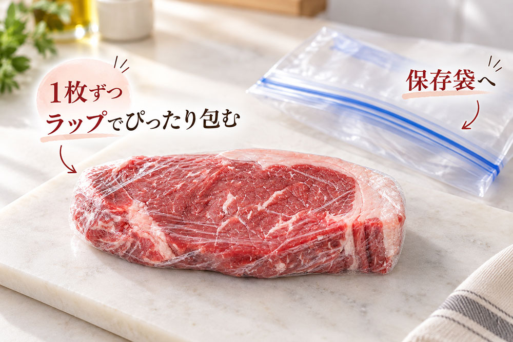 ステーキ肉は1枚ずつ包んで厚みのあるまま冷凍