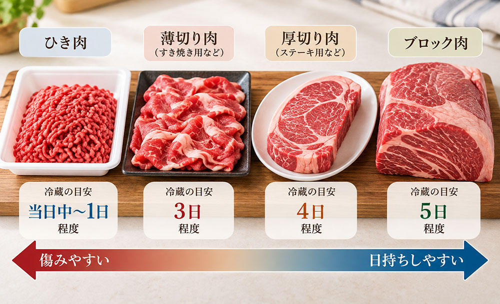 薄切り・ステーキ・ブロック・ひき肉で保存期間は違う?
