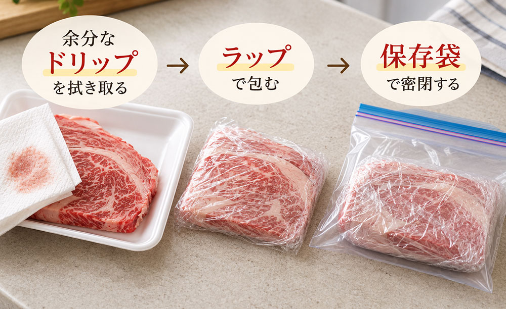 ドリップを取り除き、ラップと保存袋で空気に触れにくくしよう