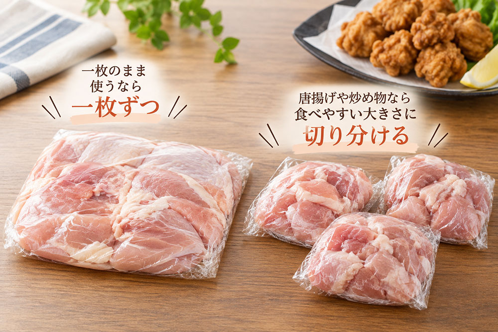 鶏もも肉は一枚ずつ、唐揚げ用は使う分量に切り分ける