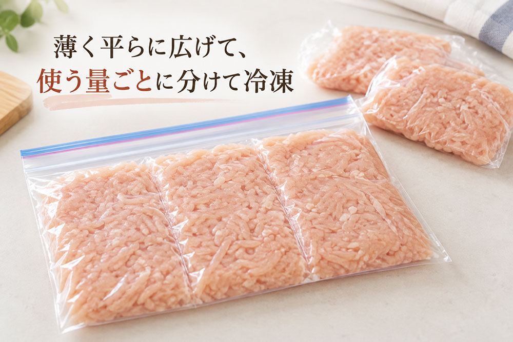 鶏ひき肉は薄く平らに広げ、使う量ごとに分けて冷凍する