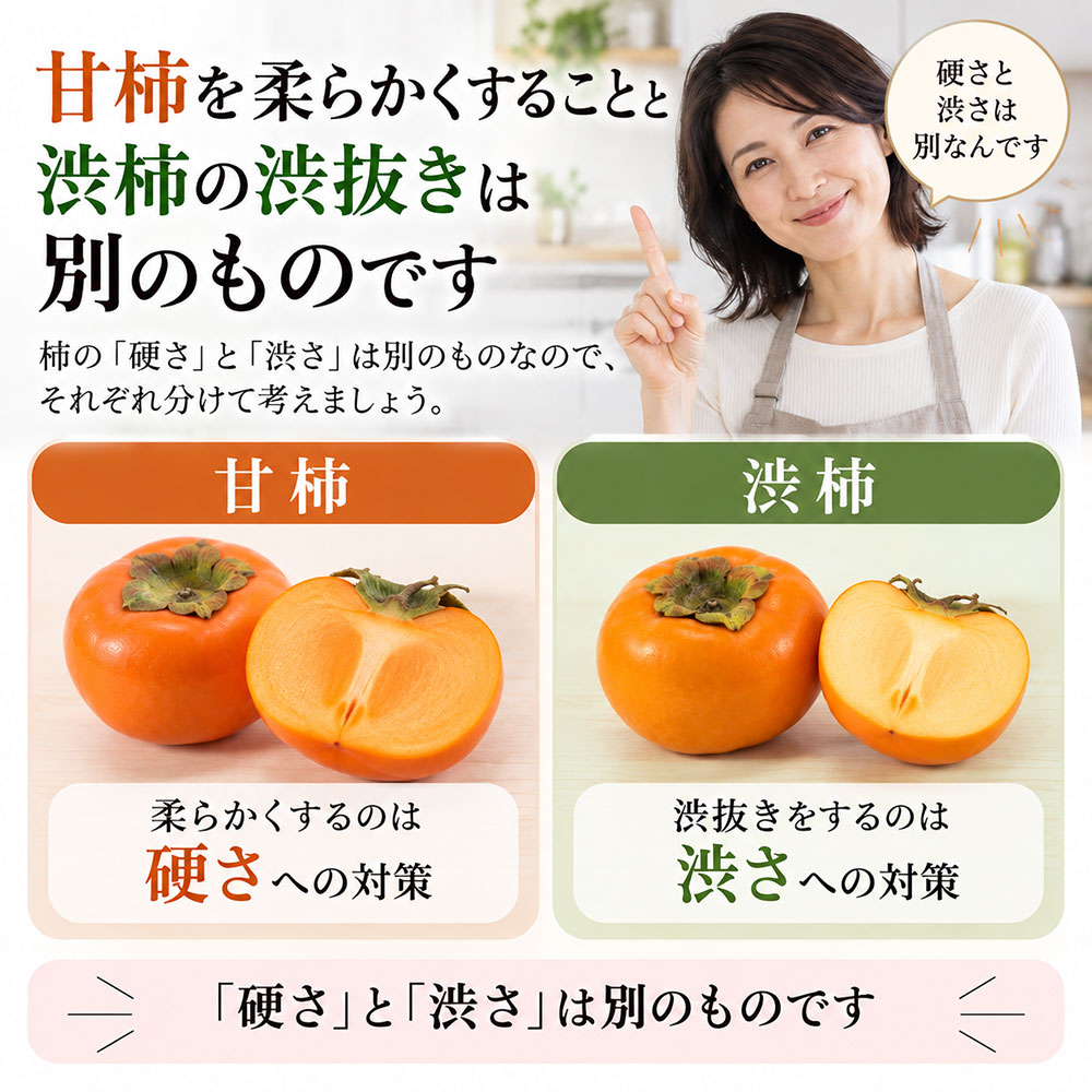 甘柿を柔らかくすることと渋柿の渋抜きは別