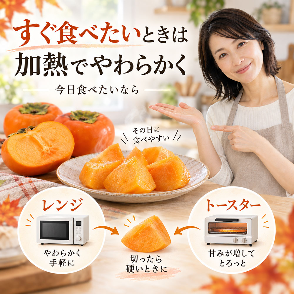 すぐ食べたいときは加熱して硬い柿を柔らかくする
