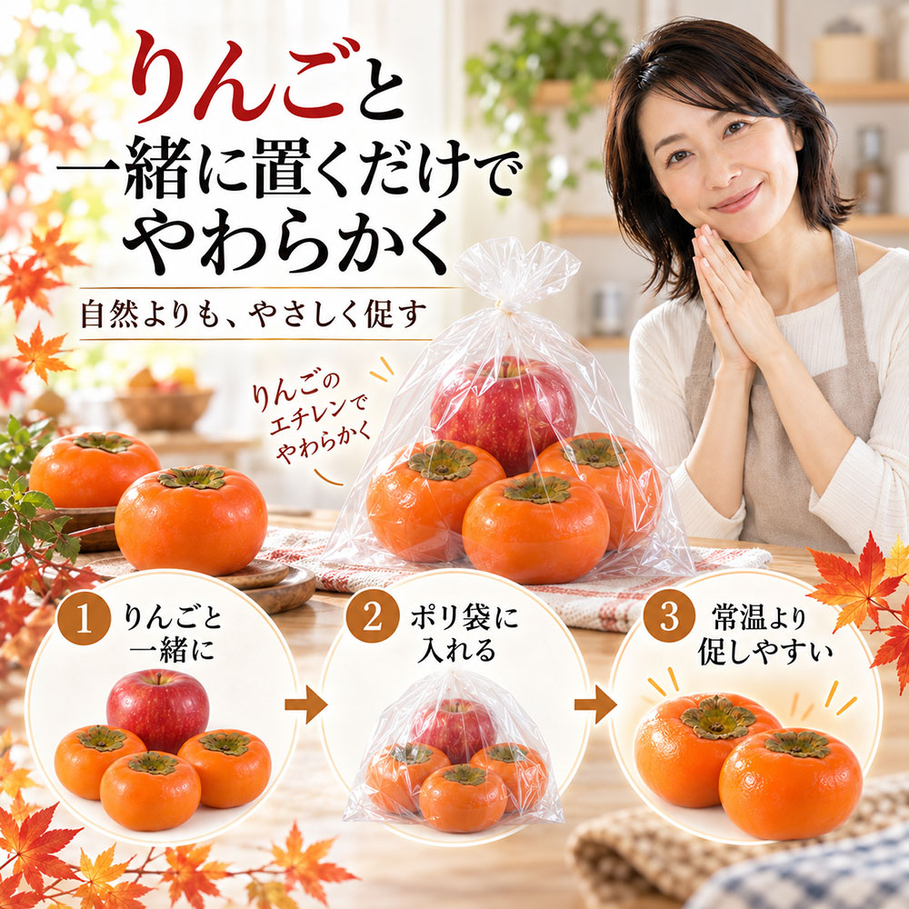 りんごと一緒に置いて硬い柿を柔らかくする方法