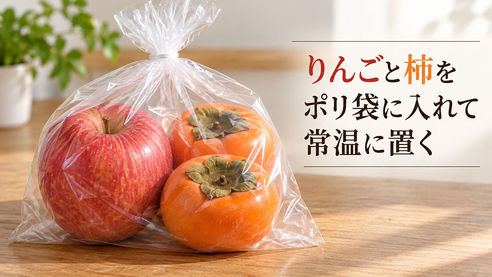 りんごと柿をポリ袋に入れて常温に置く