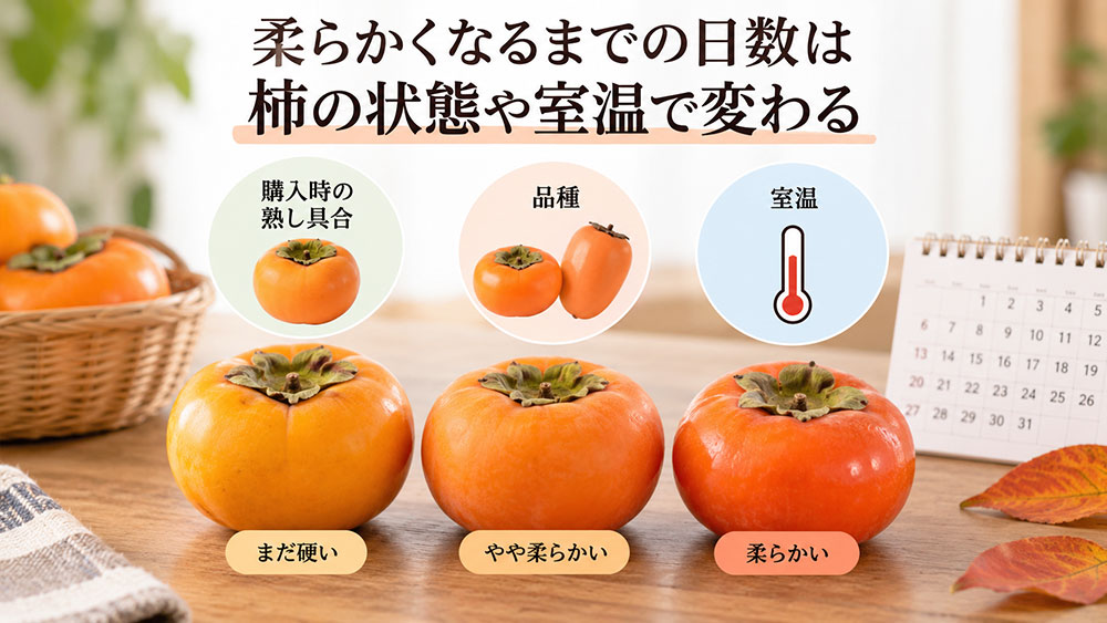 柔らかくなるまでの日数は柿の状態や室温で変わる