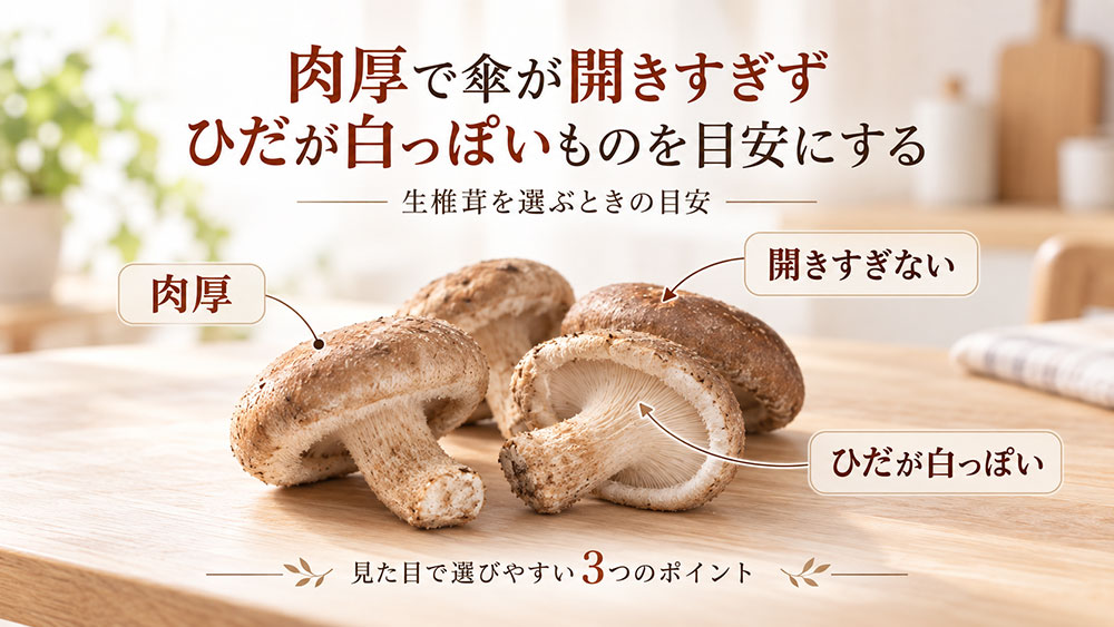 肉厚で傘が開きすぎずひだが白っぽいものを目安にする