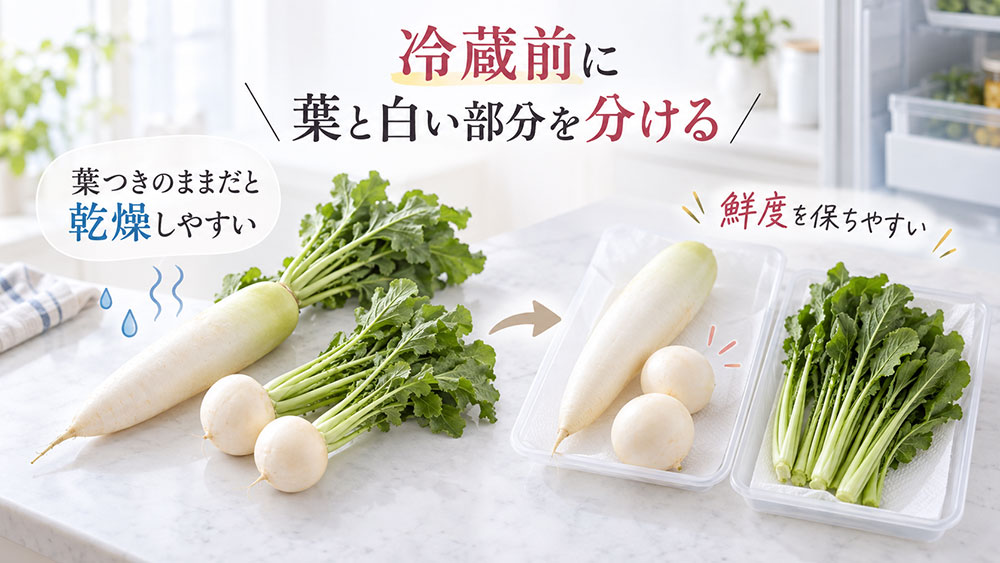 冷蔵するときは葉と白い部分を分けて保存する