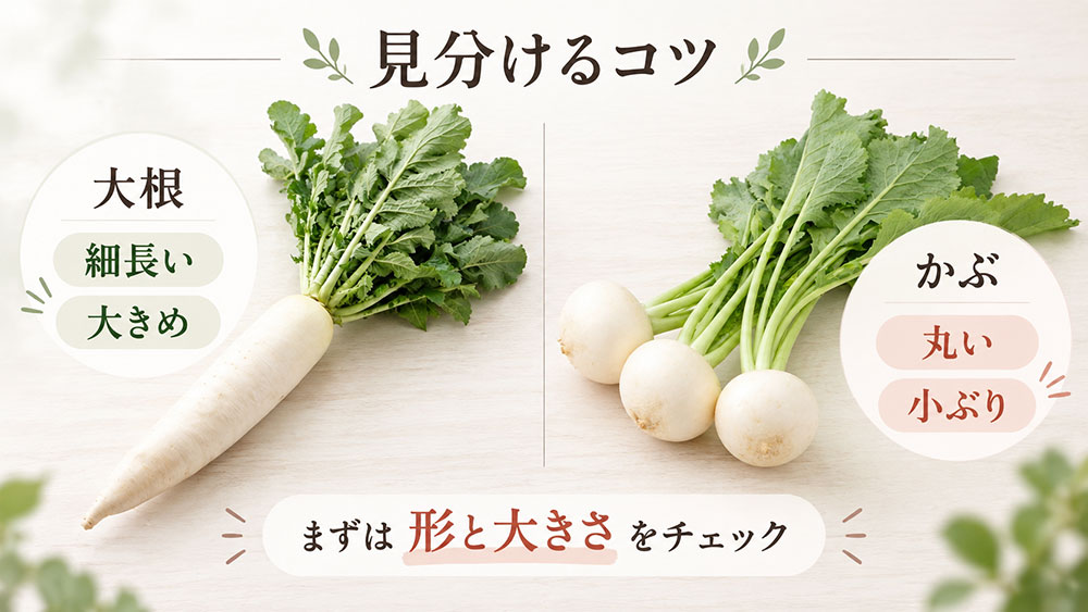 形と大きさを比べる｜一般的な大根は細長く、かぶは丸い