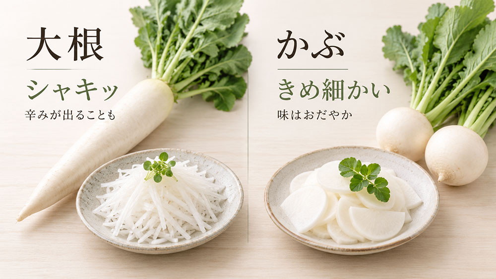 生で食べるとどう違う？大根はシャキッ、かぶはきめ細かい