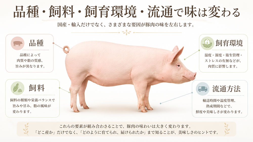 品種・飼料・飼育環境・流通で味は変わる
