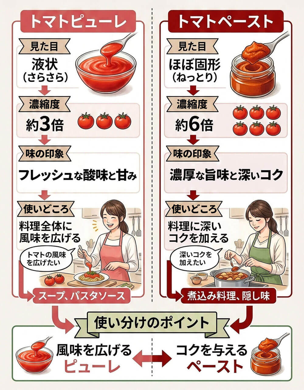 トマトピューレとトマトペーストの決定的な違いは、「どれだけ水分を飛ばして濃縮したか」という濃さの度合いにあります。