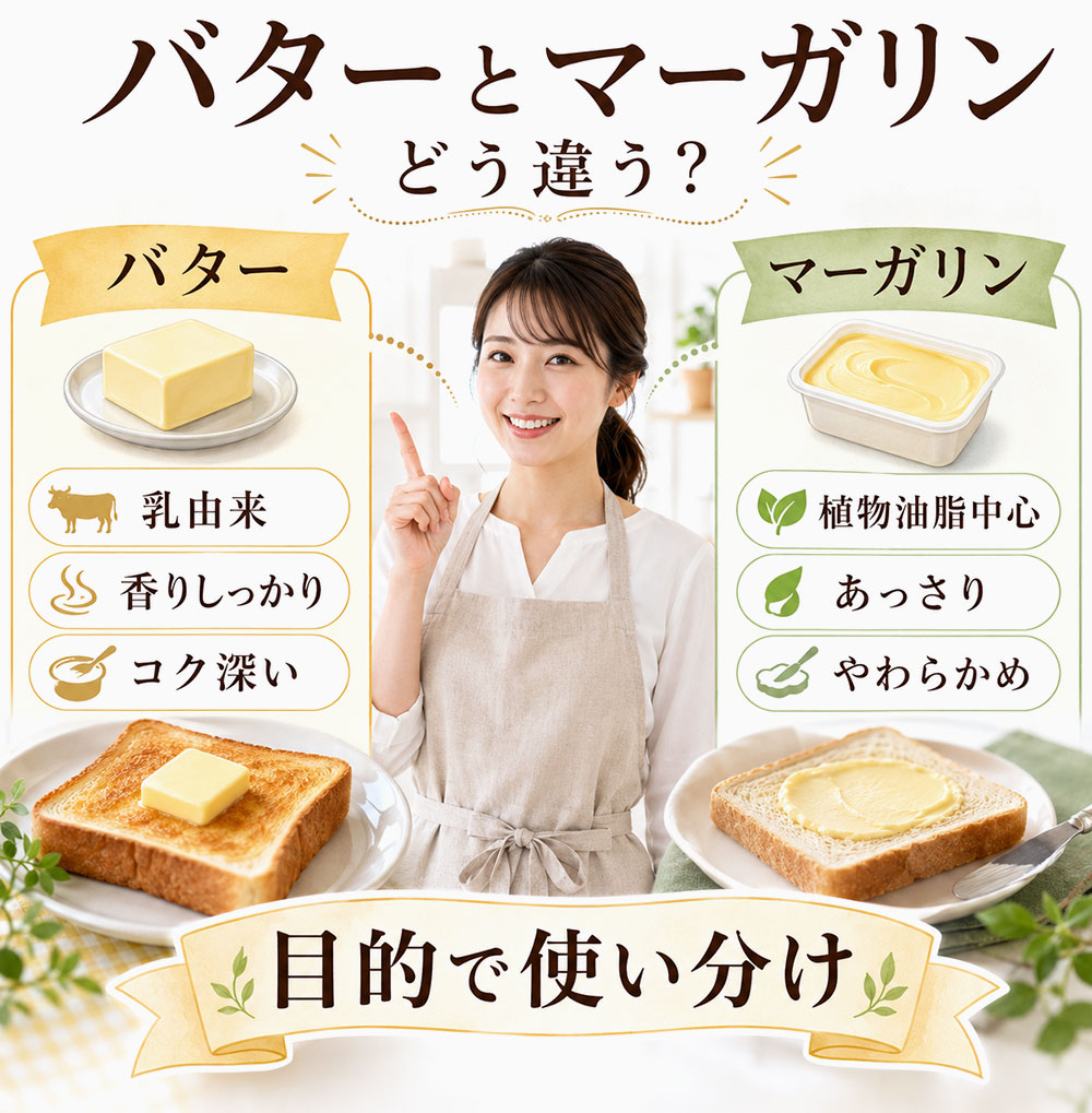バターとマーガリンの違いを一覧表で比較