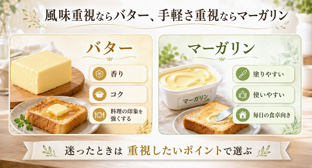 結論｜風味重視ならバター、手軽さ重視ならマーガリン