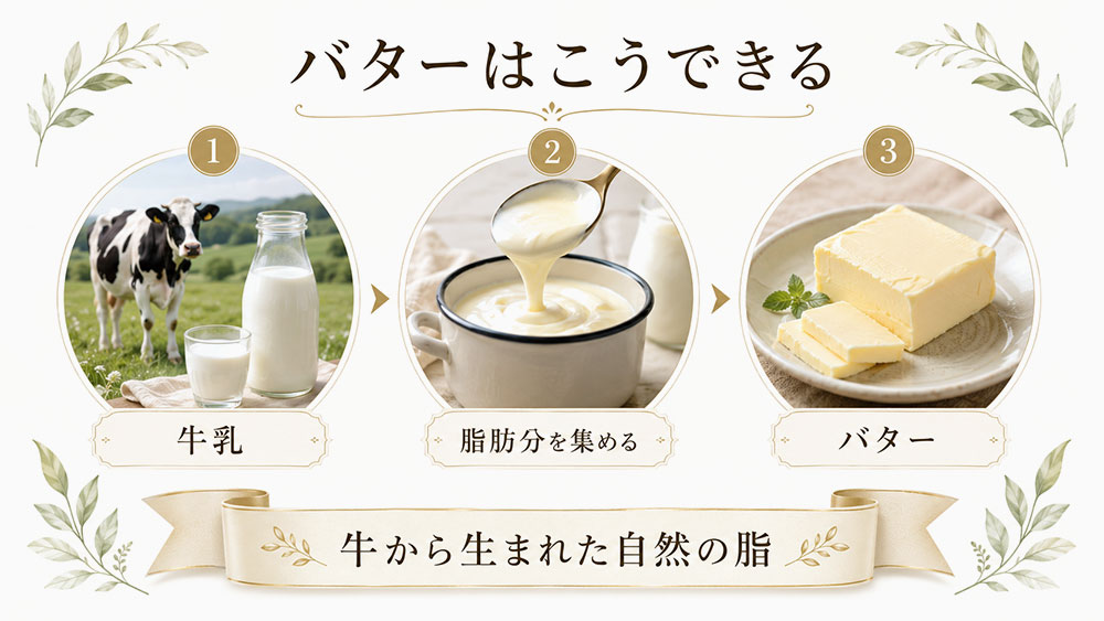 バターは牛乳由来の乳脂肪から作られる