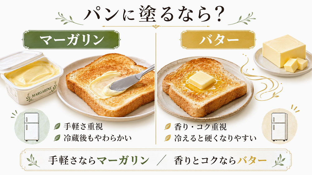 パンに塗るなら手軽さはマーガリン、風味はバター