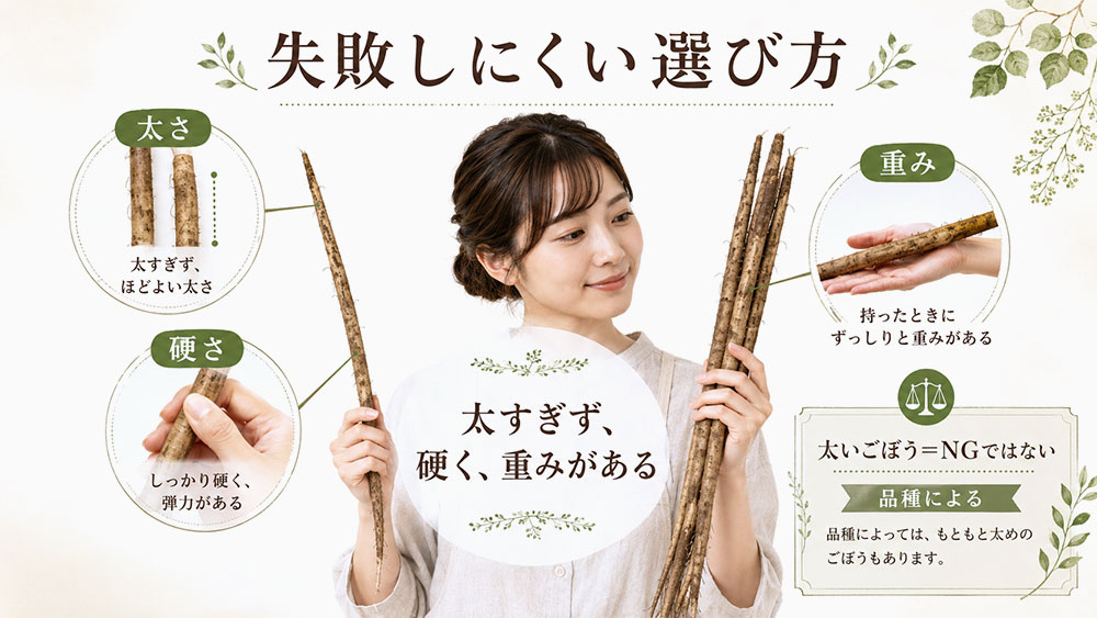 太すぎず硬くて重みのあるごぼうを選ぶ