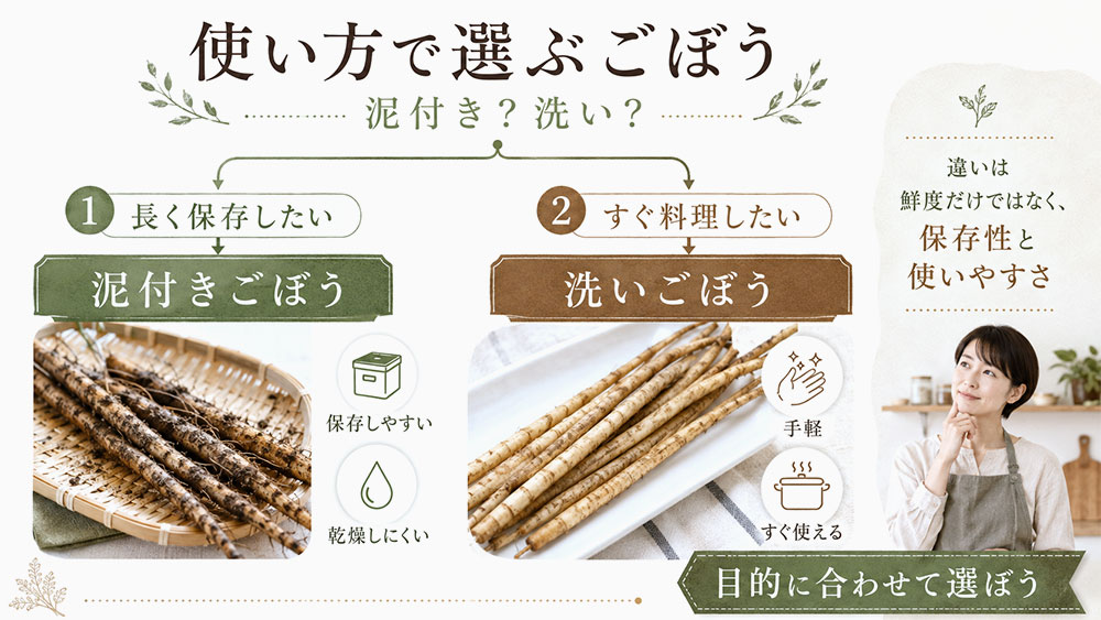 泥付きごぼうと洗いごぼうの違いを知る