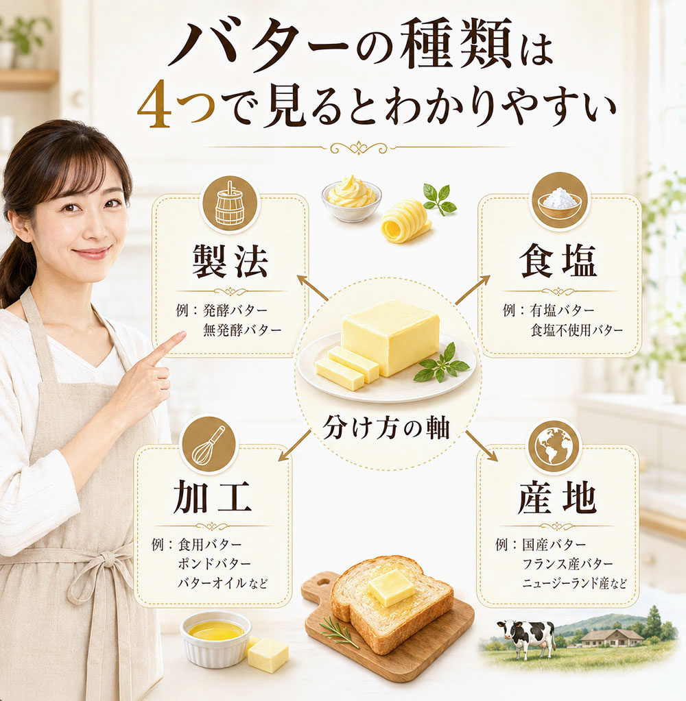 バターの種類は「製法・食塩・加工・産地」で分けるとわかりやすい