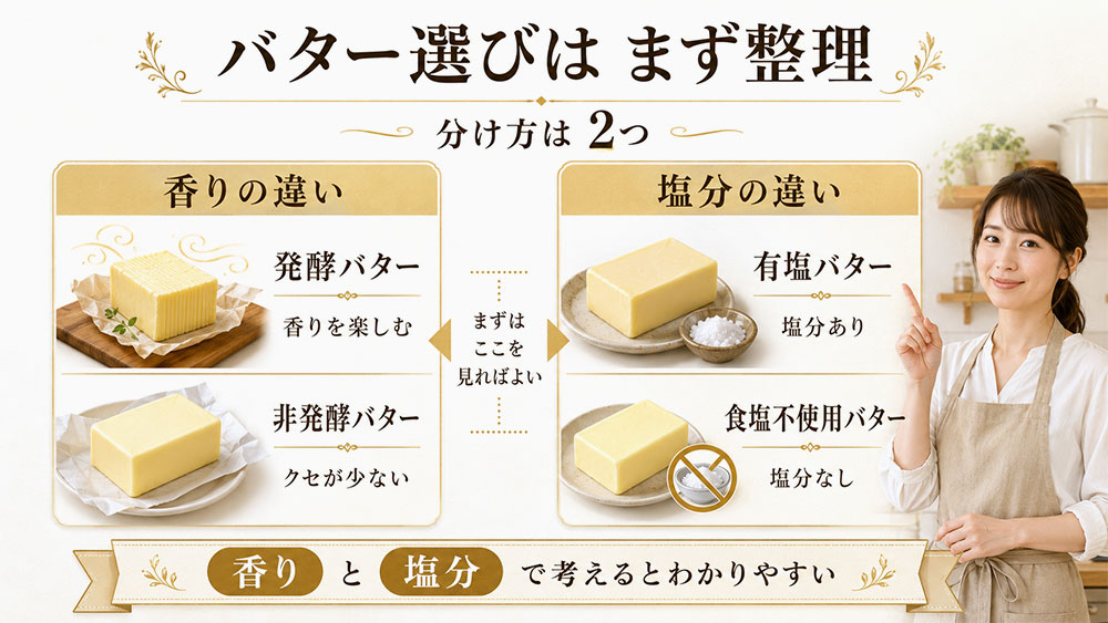 発酵バター・非発酵バター・有塩バター・食塩不使用バターの違い