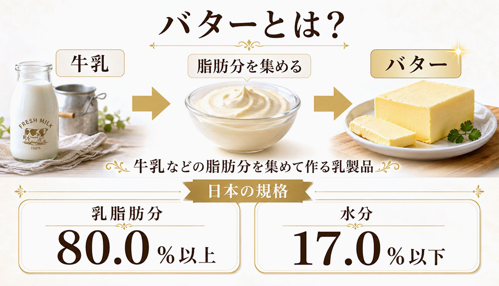 バターは牛乳由来の乳脂肪から作られる食品