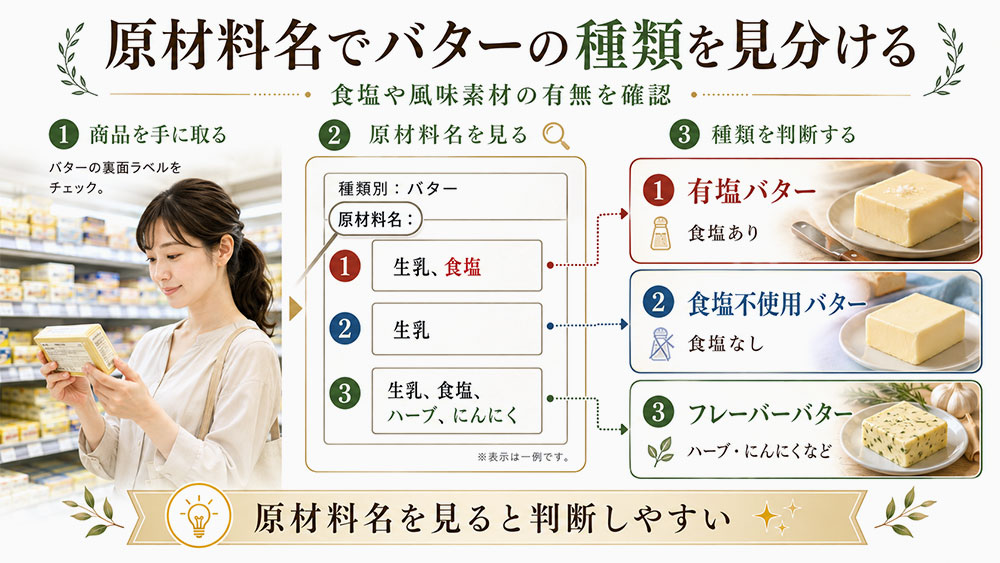 原材料名で食塩や風味素材の有無を見る
