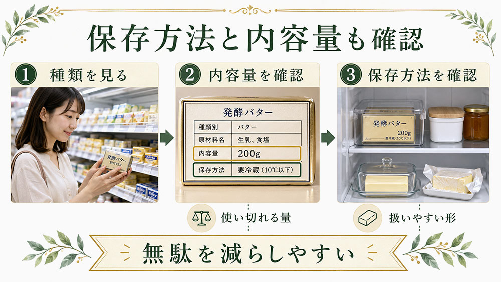 保存方法と内容量もあわせて確認する