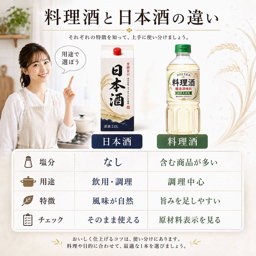 料理酒と日本酒の違いを一覧表で比較