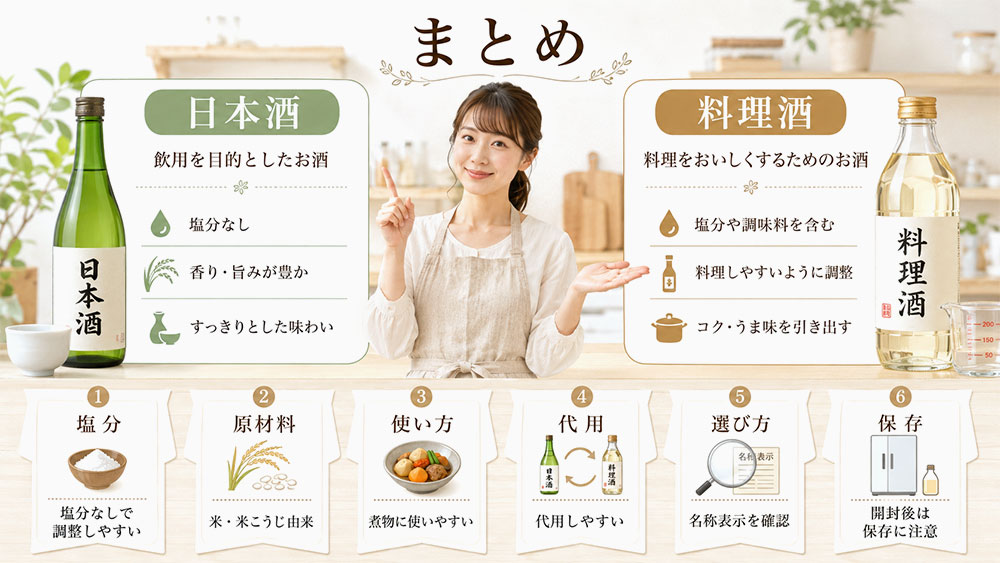まとめ|料理酒と日本酒の違いは塩分と使いやすさで考えよう