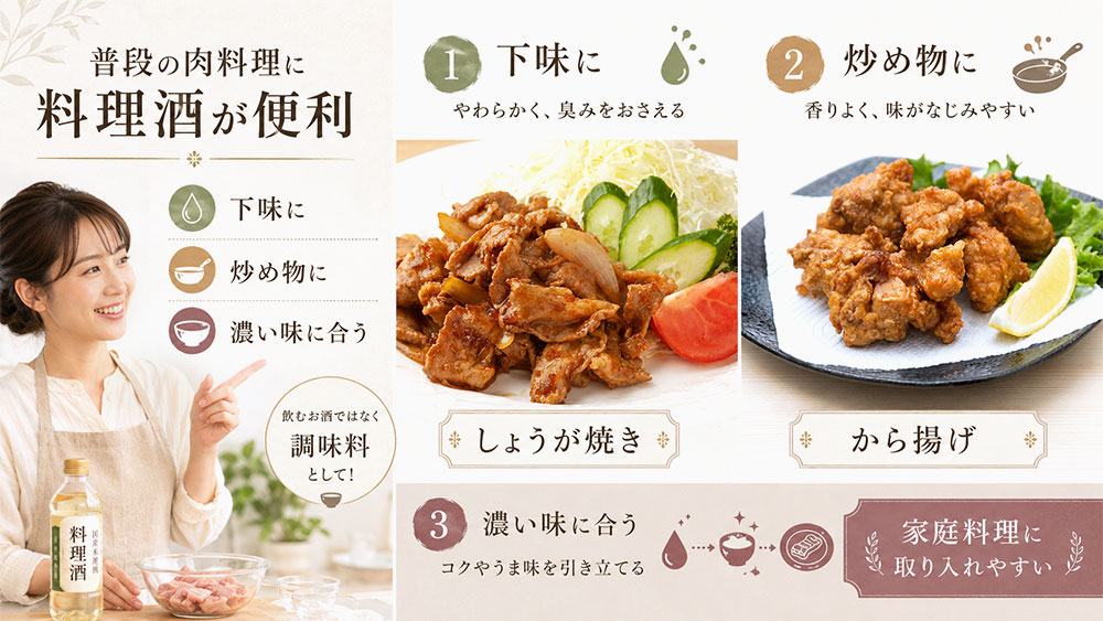 下味・炒め物・肉料理には料理酒も使いやすい