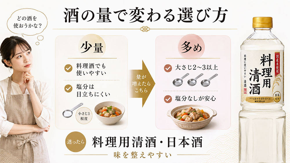 酒の量が多い料理ほど塩分なしを選ぶと味が決まりやすい