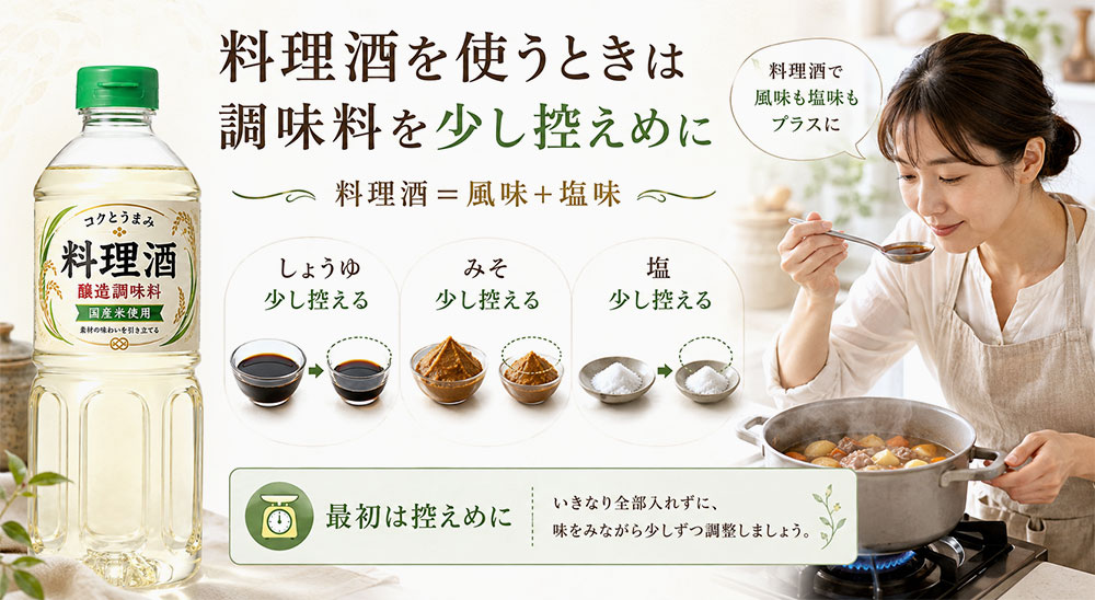 料理酒を使うならしょうゆ・味噌・塩を少し控える