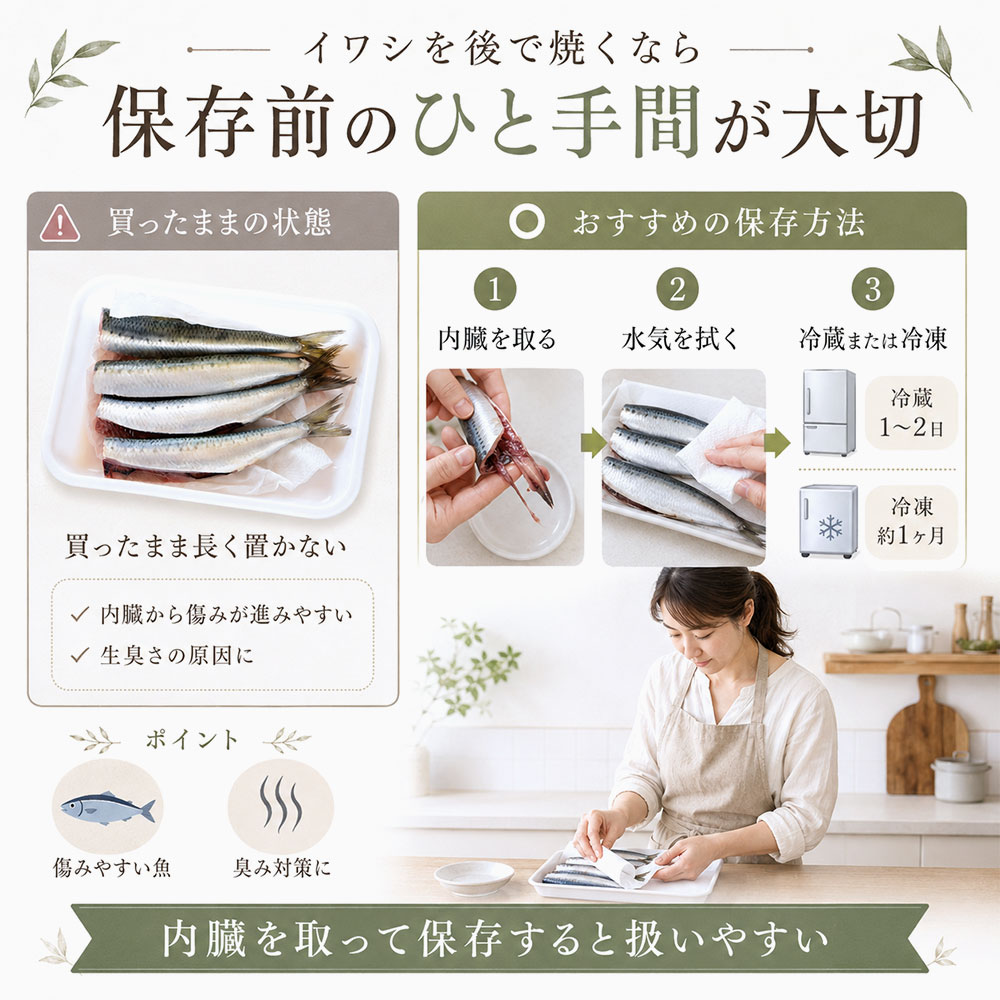 内臓を取ったイワシの保存方法