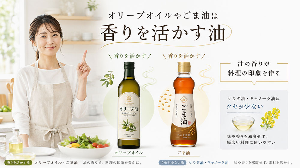 オリーブオイルやごま油は香りを活かす油