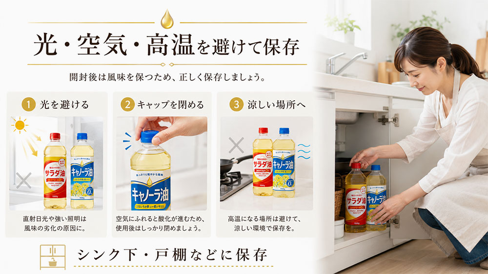開封後は光・空気・高温を避けて保存する