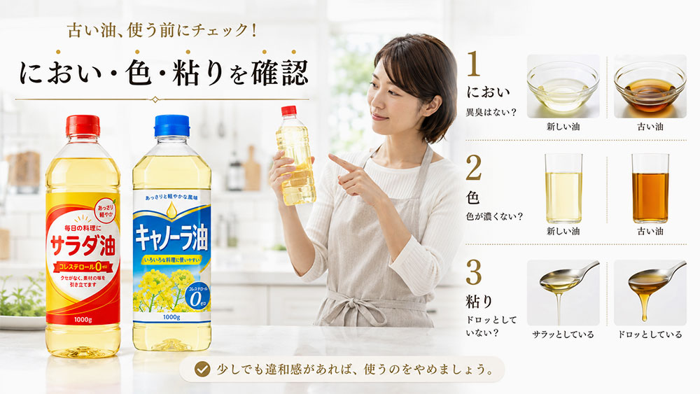 古くなった油のにおい・色・粘りを確認する
