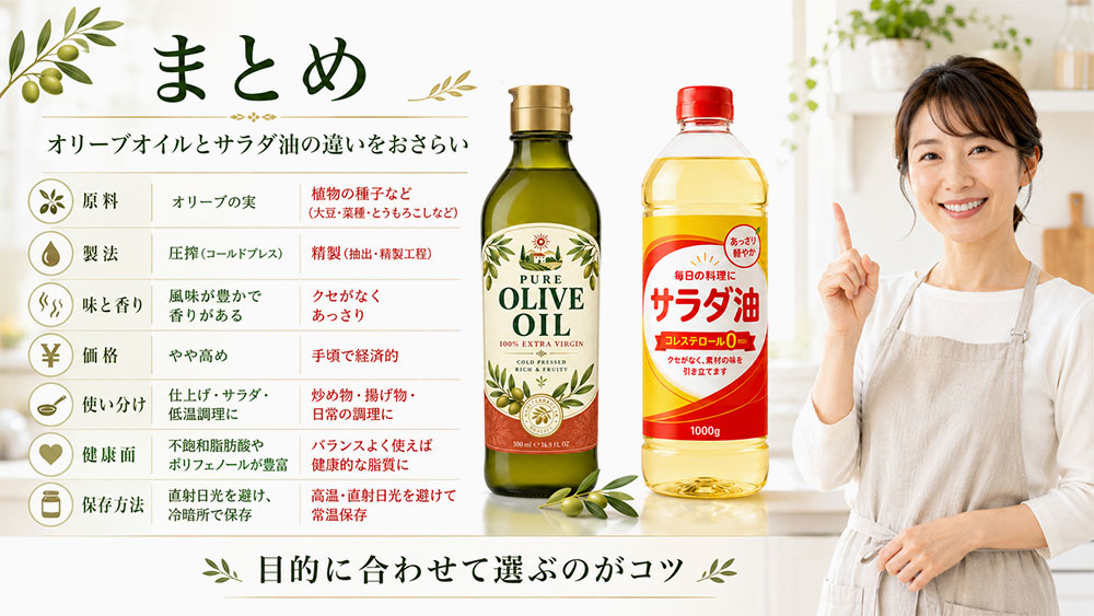 オリーブオイルとサラダ油の違いを徹底解説:まとめ
