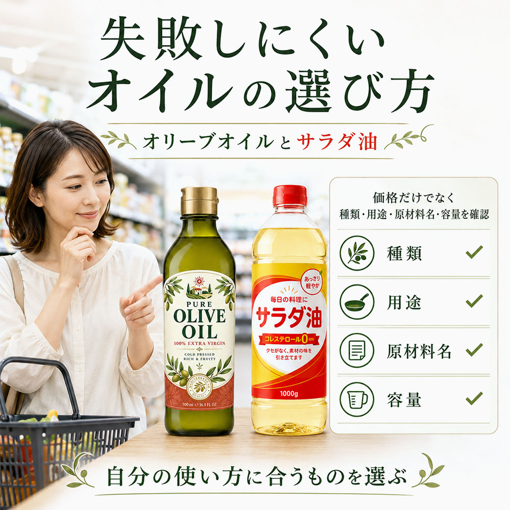 スーパーで失敗しないオリーブオイルとサラダ油の選び方