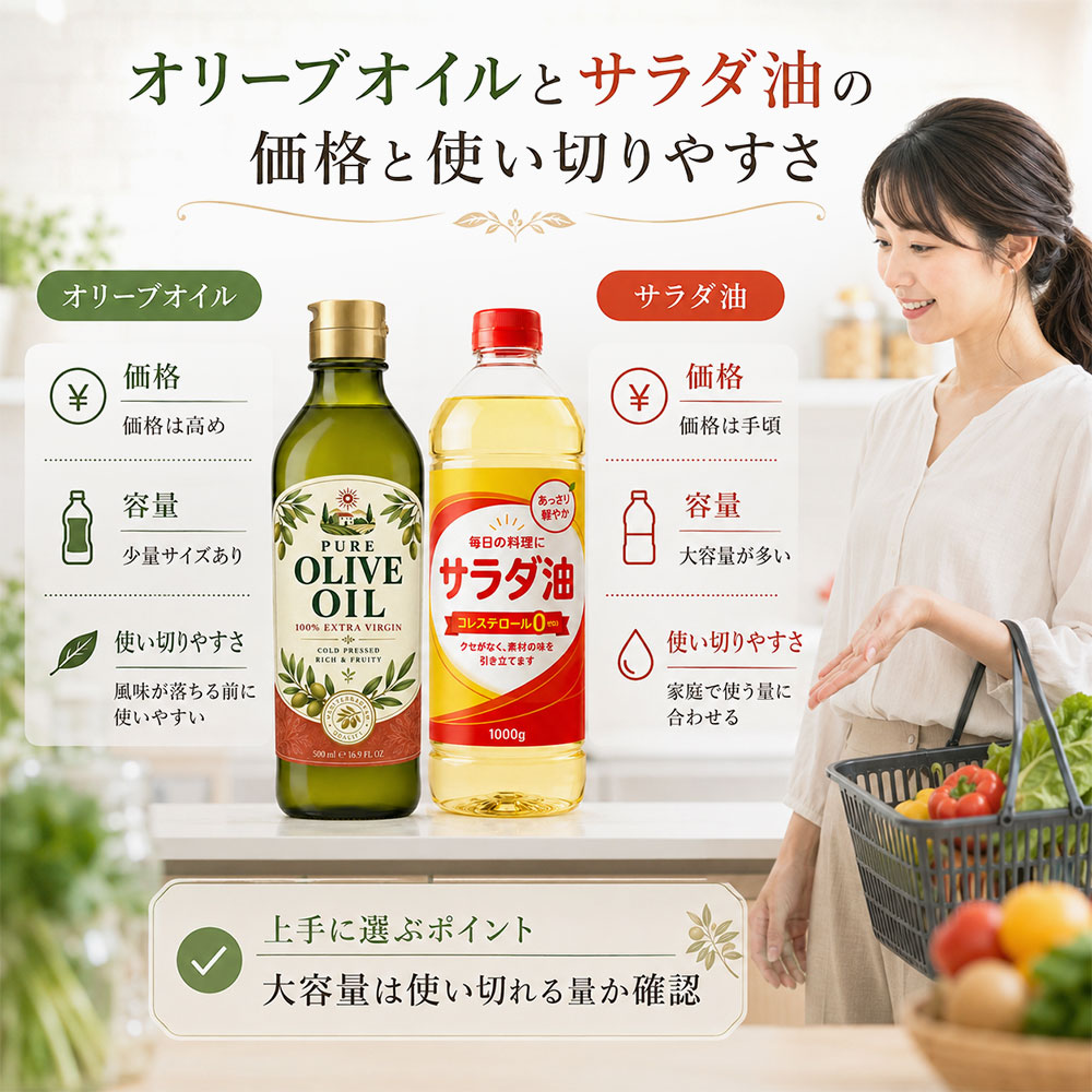 オリーブオイルとサラダ油の価格と使い切りやすさの違い