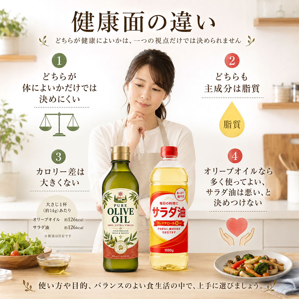 オリーブオイルとサラダ油の健康面の違い