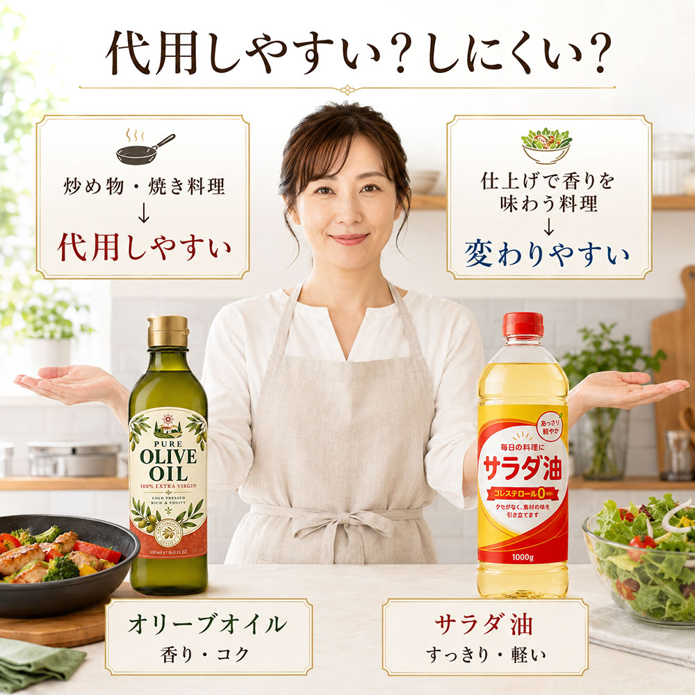 オリーブオイルとサラダ油は代用できる?