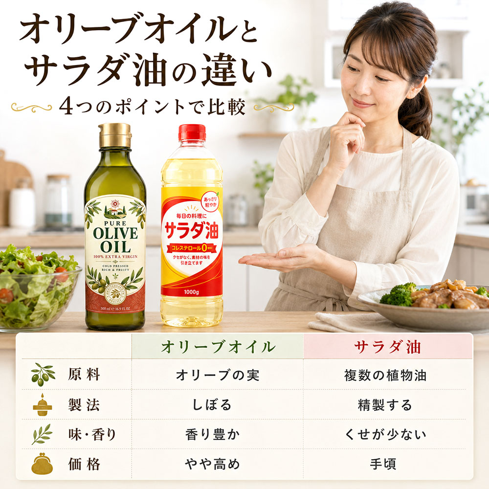 オリーブオイルとサラダ油の原料・製法・味と香り・価格の違い