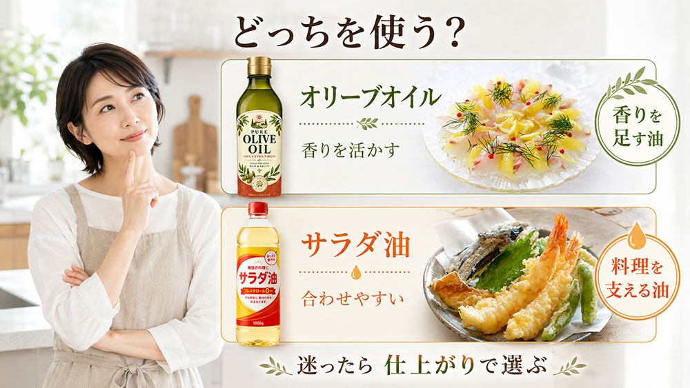 香りを活かすならオリーブオイル、万能に使うならサラダ油