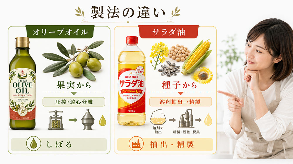 オリーブオイルとサラダ油の製法の違い