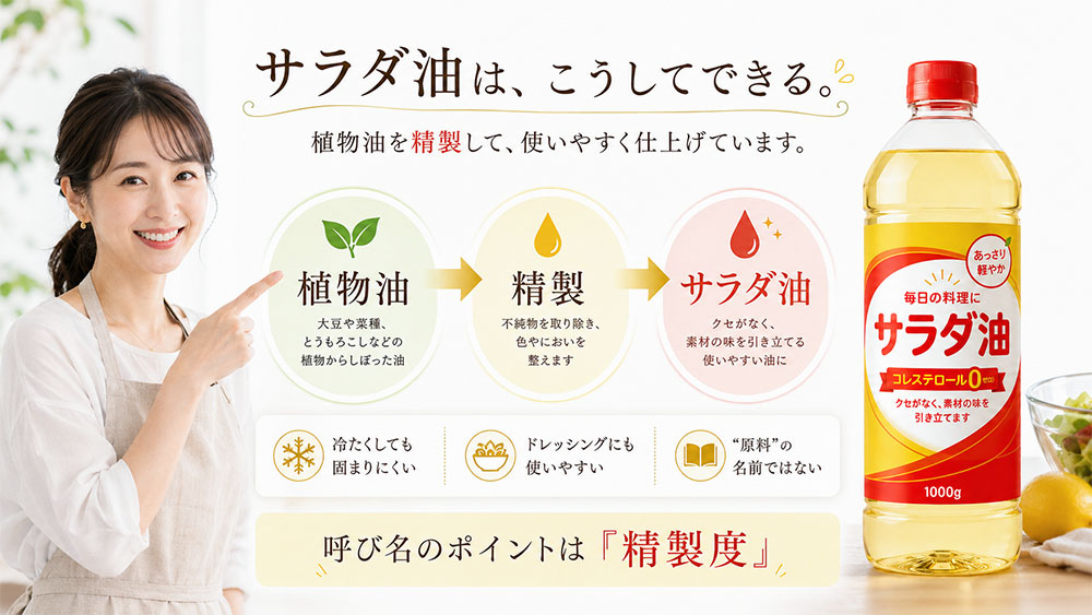 サラダ油は特定の原料名ではなく精製度の高い植物油の呼び名