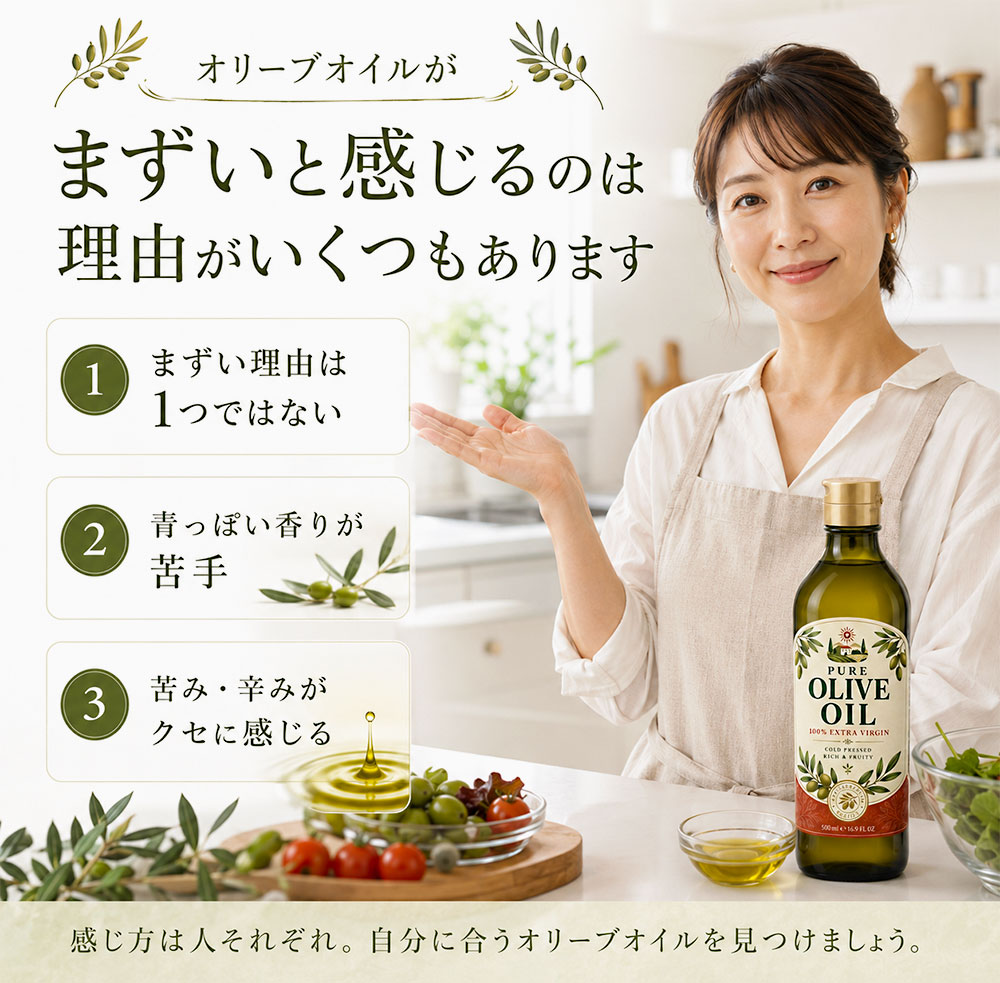 オリーブオイルがまずいと感じる主な理由