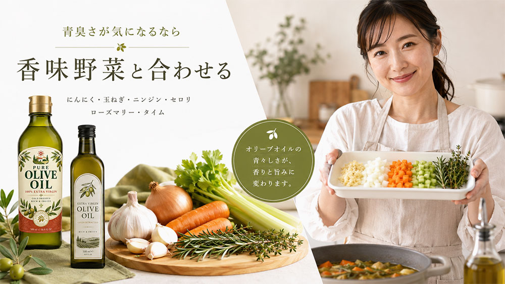 青臭いオリーブオイルは香味野菜と合わせる