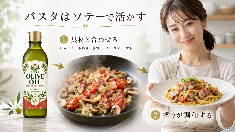 パスタでは仕上げより具材をソテーする油として使う