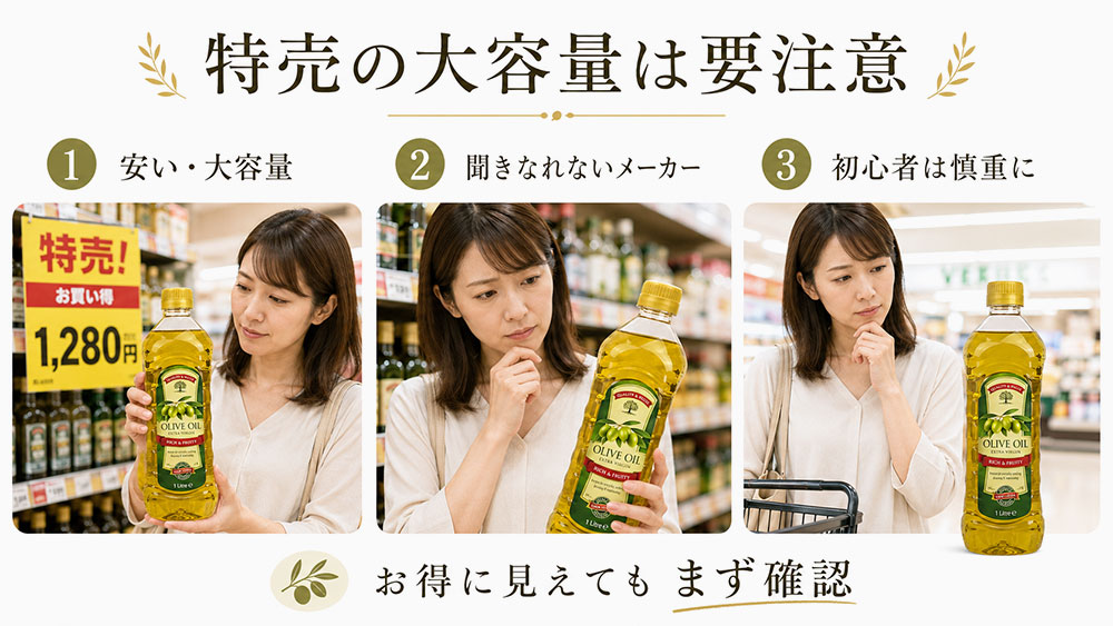 特売でオリーブオイルを購入するときに注意すること